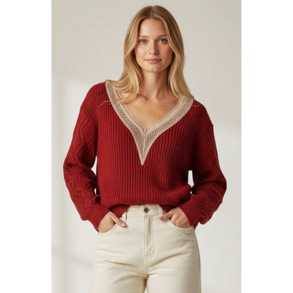 Red V-Neck Crochet Lace Trim Pointelle Sleeve Knit Sweater Size Large Boho